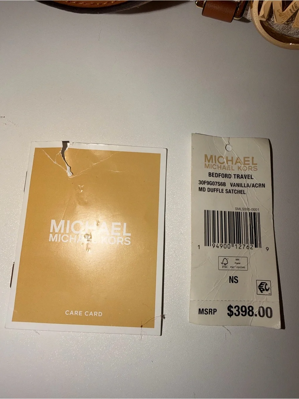 Michael Kors Tan and White Signature Stripe Satchel